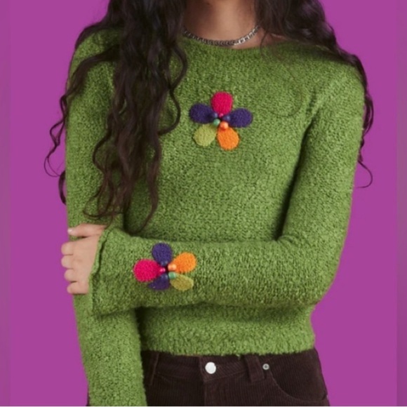 Y2K Knubby Knit Crop Sweater Indie Artsy Floral Beaded Bell Sleeve Lime Green M - Picture 1 of 7